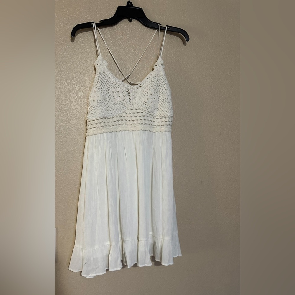 NWT AEROPOSTAL IVORY CROCHETED LACE-UP V-NECK FIT&FLARE DRESS